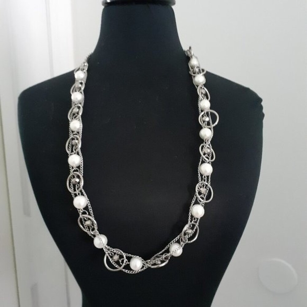 Long Silver Beads Hoop Chain with Faux Pearl Necklace 30" long